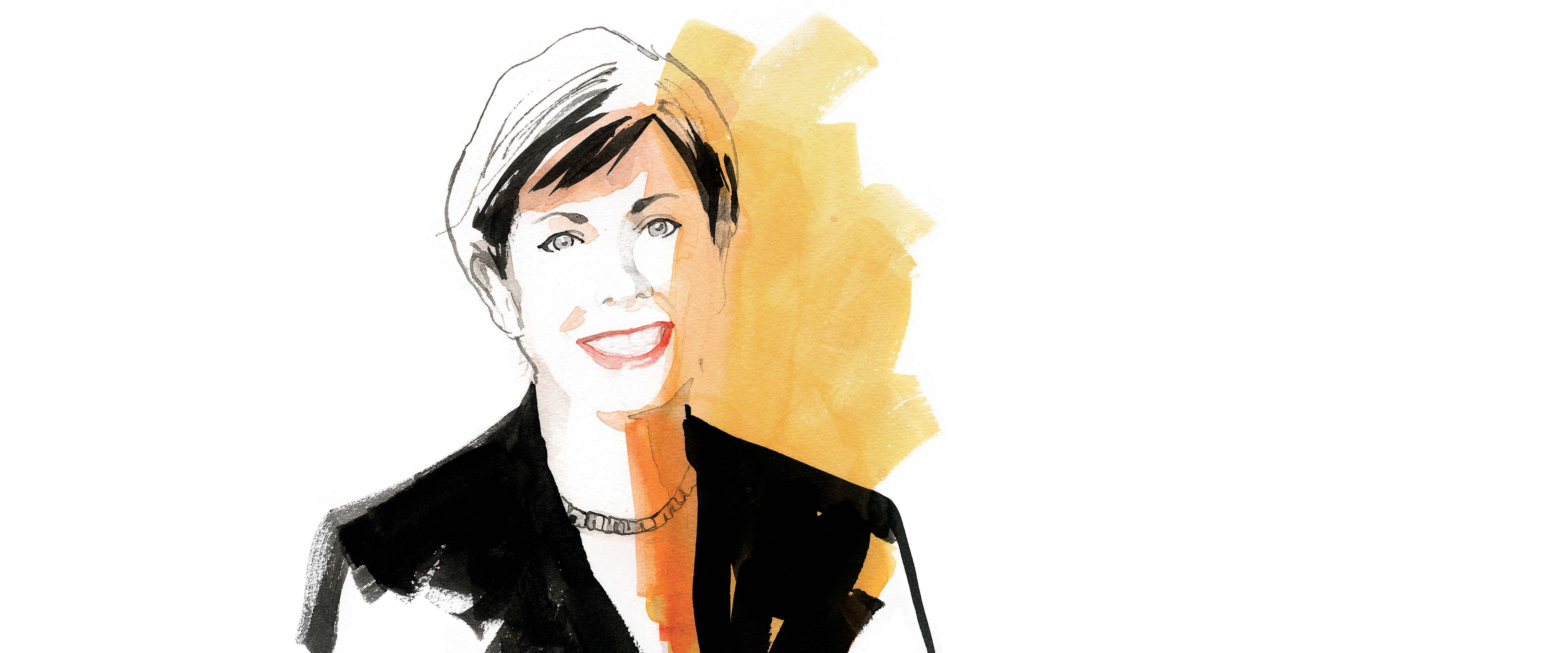 A hand sketch of Roxanne Martino, a short-haired woman in black business suit, with orange and yellow watercolors adding visual interest.